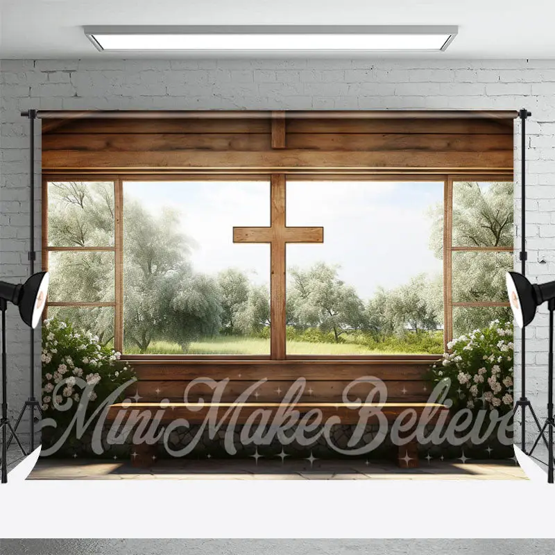 Easter Spring Wood Cross Church Window Photo Backdrop - Aperturee