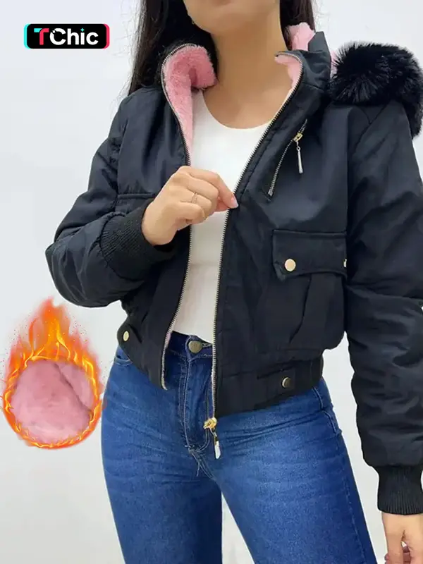 Women's Contrast Faux Fur Trim Hooded Thermal Lined Jacket, Casual Long Sleeve Button Pocket Zip Up Outerwear for Fall & Wint...