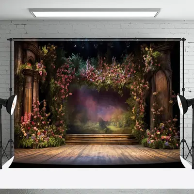 Vintage Room Wood Stage Floral Photography Backdrop