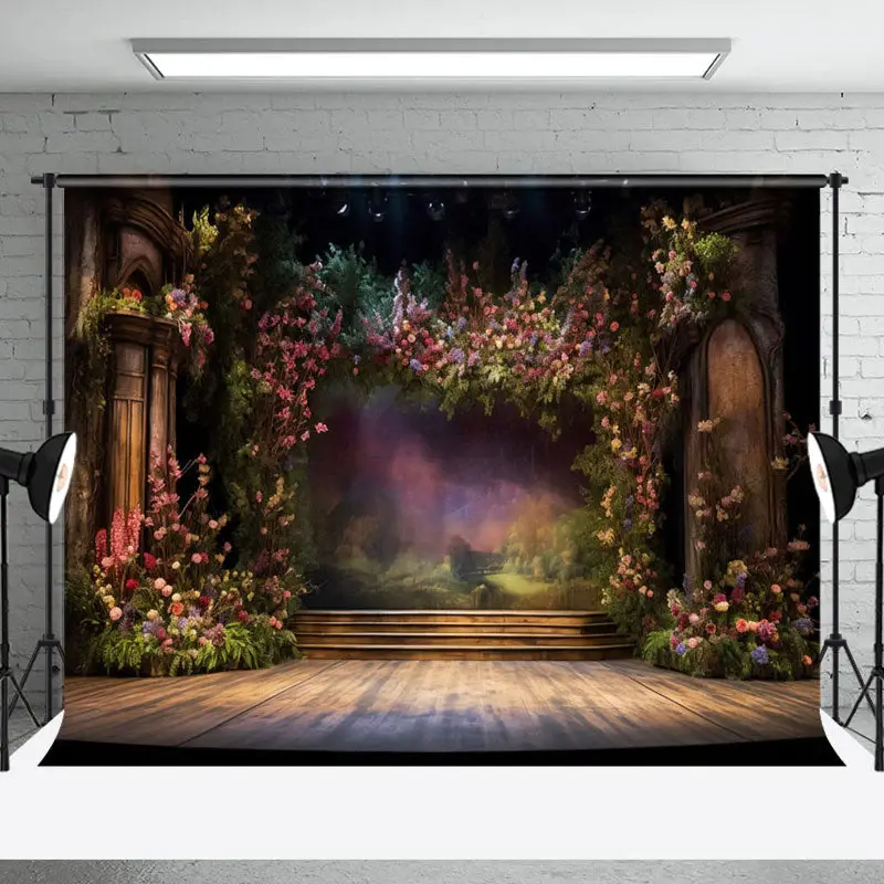 Vintage Room Wood Stage Floral Photography Backdrop