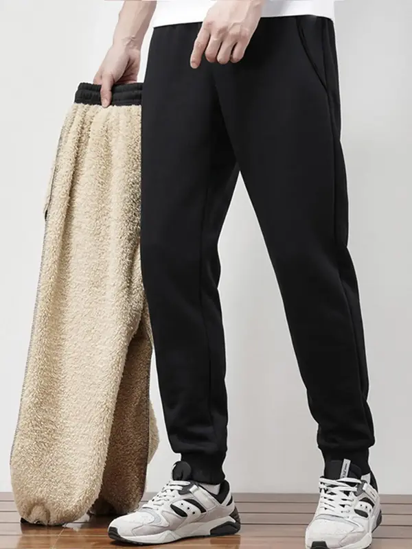 Men's Plain Basic Pocket Drawstring Warm Thick Sweatpants, Regular Fit Casual Solid Soft Thermal Lined Trousers for Fall & Wi...