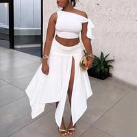 Off Shoulder Crop Top Ruched Waist High Split Maxi Skirt Women 2 Piece Skirt Sets Sexy One Birthday Outfits lady Clothes Suit...