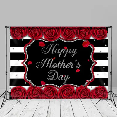 Red Roses Black White Stripe Mothers Day Backdrop - Aperturee