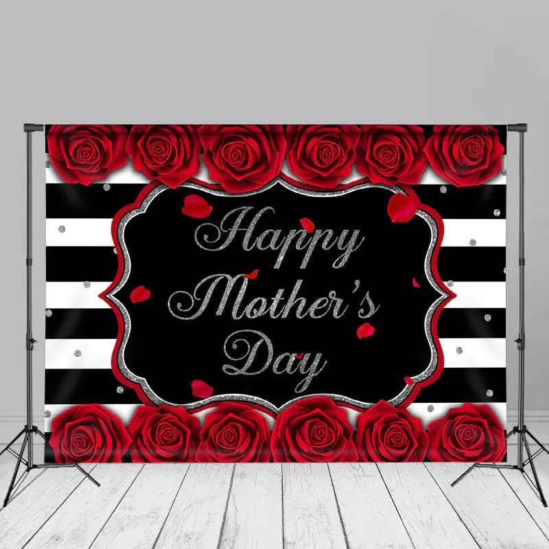 Red Roses Black White Stripe Mothers Day Backdrop - Aperturee