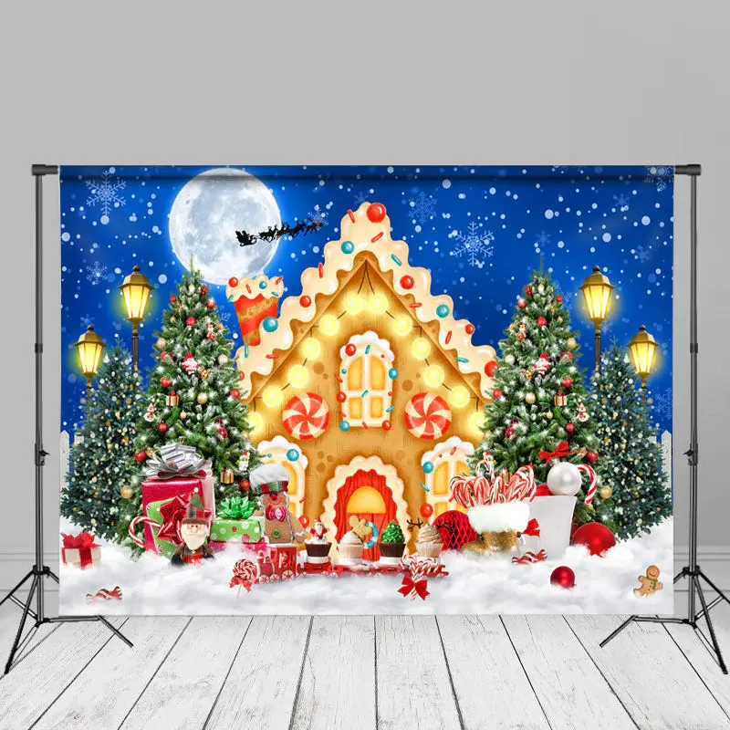 Moon Christmas Night Tree Candy House Cloud Backdrop - Aperturee