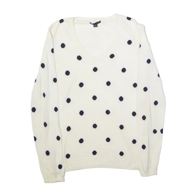 TOMMY HILFIGER Jumper White Spotted Tight Knit V-Neck Womens M