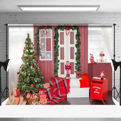 Aperturee Festive Red Walls Tree Gifts And Post Box Backdrop - Aperturee