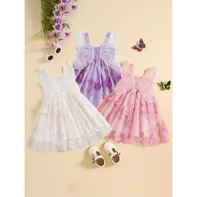 Baby Toddler Girls Sleeveless Dress 6-24 Months A-Line Summer Dress with Butterfly Wing for Beach Party 2T 3T 4T with 3D Flow...