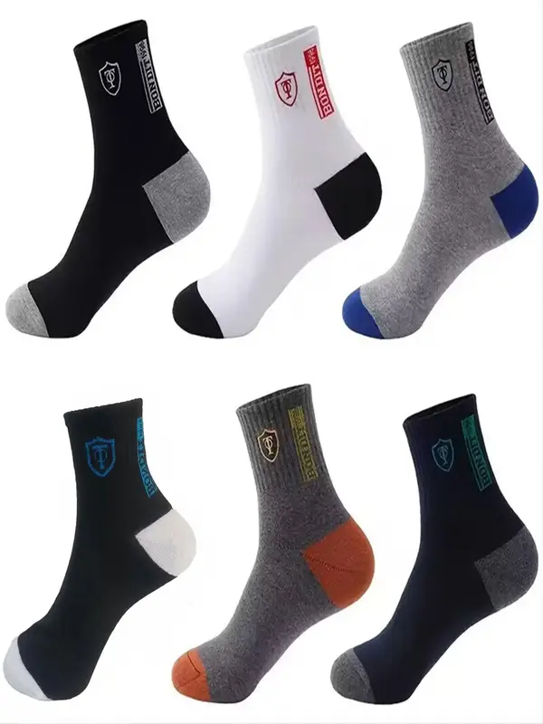 Men's 6 Pairs Colorblock Crew Socks, Stylish Athletic Running Socks, Soft Medium Stretch Mid Calf Socks, Multi-pack Mid Tube ...