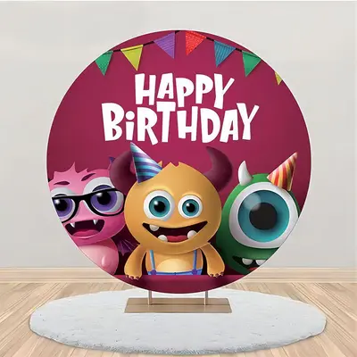 Berry Red Cute Monster Round Happy Birthday Backdrop - Aperturee