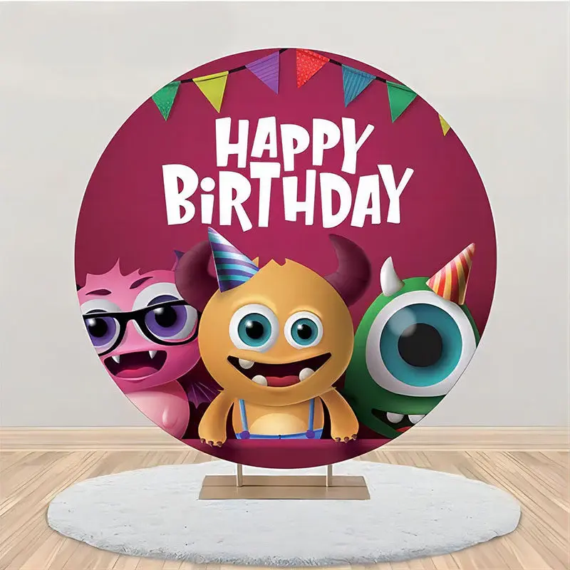 Berry Red Cute Monster Round Happy Birthday Backdrop - Aperturee