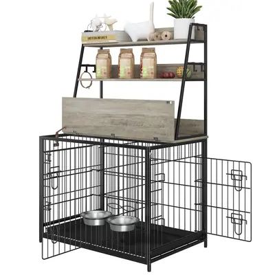 Garvee Wooden Dog Crate Furniture with Storage Shelves, Removable Tray, Double Doors, Adjustable Bowls and Flip-up Top, Grey