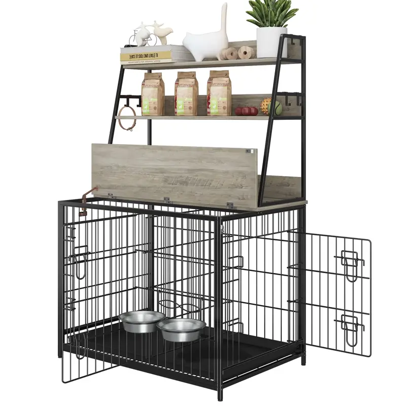 Garvee Wooden Dog Crate Furniture with Storage Shelves, Removable Tray, Double Doors, Adjustable Bowls and Flip-up Top, Grey
