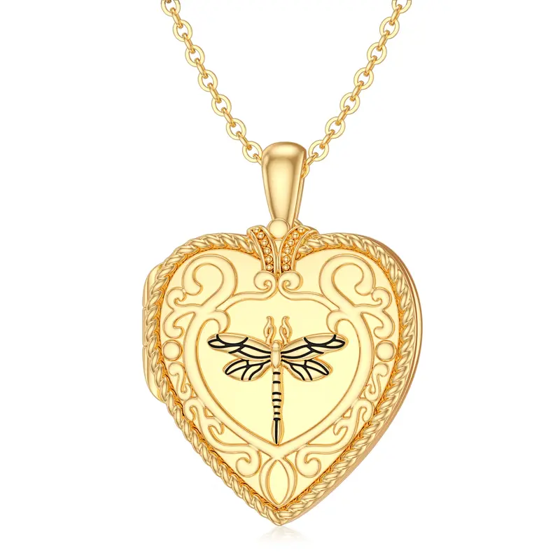 10K Gold Dragonfly & Personalized Photo Pendant Necklace