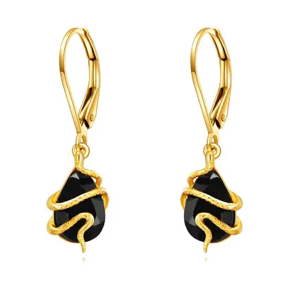 14K Gold Agate Snake Drop Earrings