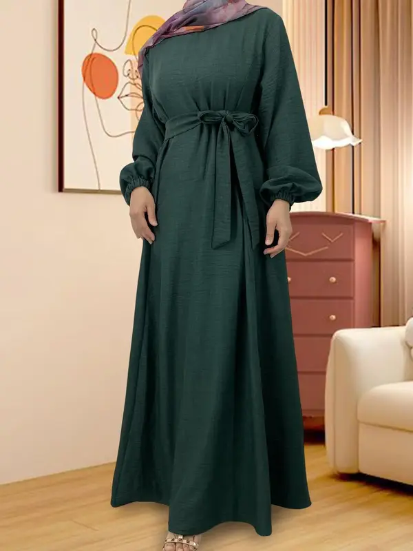 Women's Solid Color Pocket Design Lounge Dress, Casual Modesty Comfy Long Sleeve Belted Dress for Daily Wear, Ladies Sleepw...