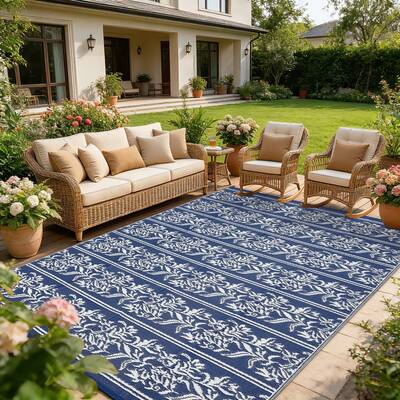 Garvee Waterproof Reversible Outdoor Rug - Boho Leaf Design - Mark & UV Resistant Plastic Mat with 4 Stakes & Storage Bag, Co...