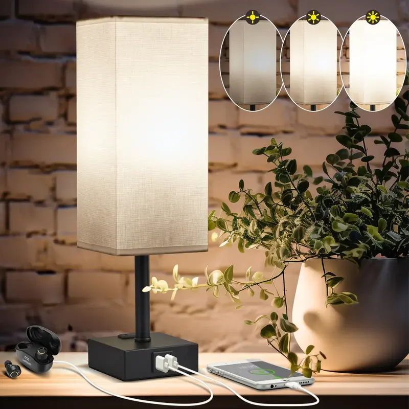 Dimmable USB Lamp Include One LED Bulb，Square Touch Lamp, Fabric Shade Lamp Built in 1 USB 1 Type C Ports & 1AC Outlet, Bed...