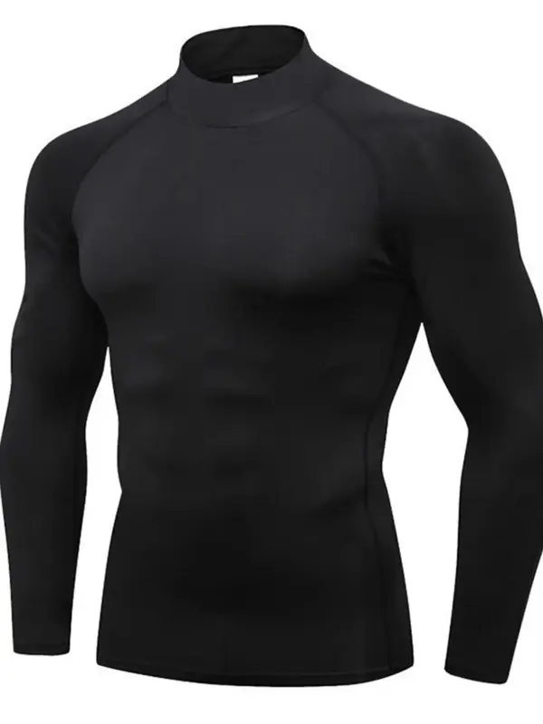 Men's Solid Long Sleeve Mock Neck Tee, Loose Basic Quick Dry Compression T-shirt, T Shirts for Men