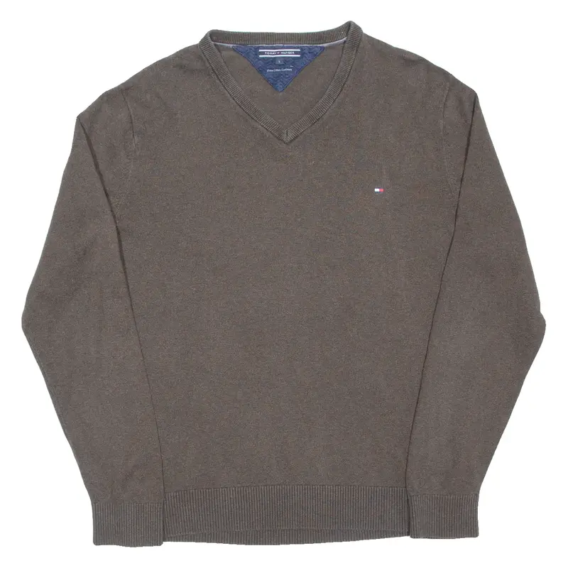 TOMMY HILFIGER Mens Jumper Brown V-Neck Tight Knit L