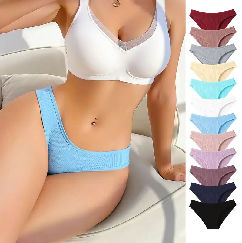 Hotcom 12 Pack Ladies' Panties Pure Cotton Thread Breathable Vertical Striped Texture Feel Full Cotton Mid-Waist Briefs Ribbo...