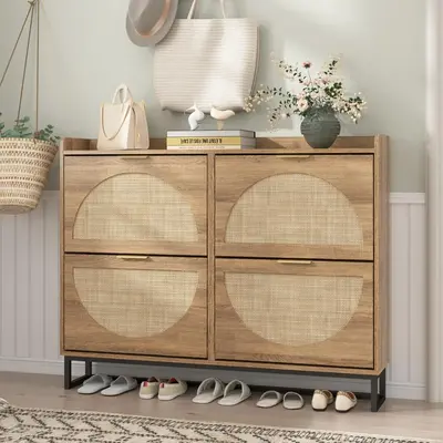 Vabches Rattan Shoe Storage Cabinet, Freestanding Shoe Organizer with Metal Legs for Entryway, Narrow Shoe Rack Cabinet, Rust...