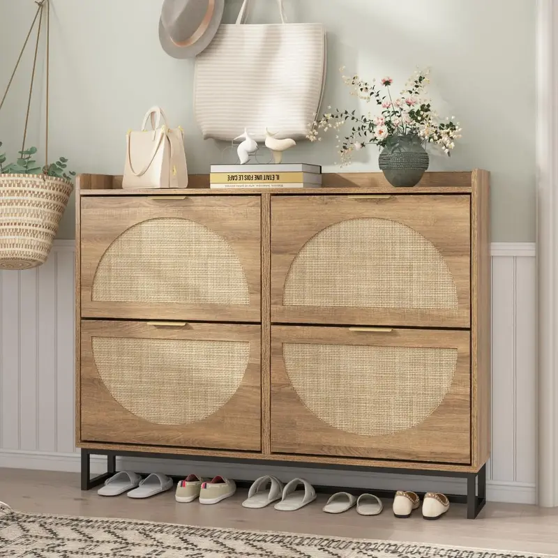 Vabches Rattan Shoe Storage Cabinet, Freestanding Shoe Organizer with Metal Legs for Entryway, Narrow Shoe Rack Cabinet, Rust...