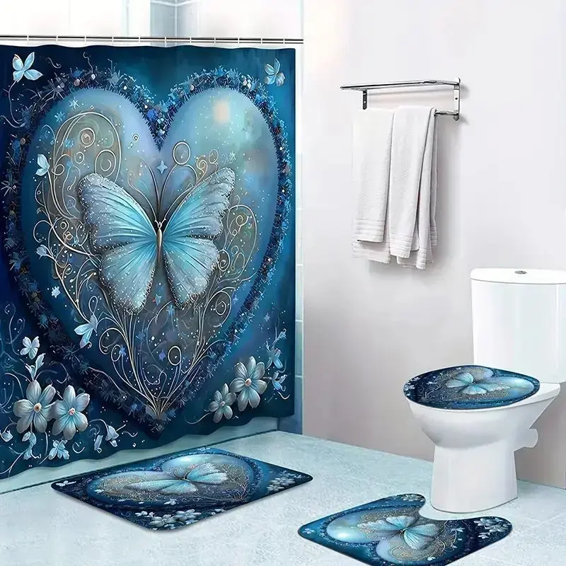 Butterfly Print Bathroom Accessories, 1 Count Shower Curtain/3 Counts Soft Bathroom Mat, Non-slip Toilet Lid Cover Mat, Comm...