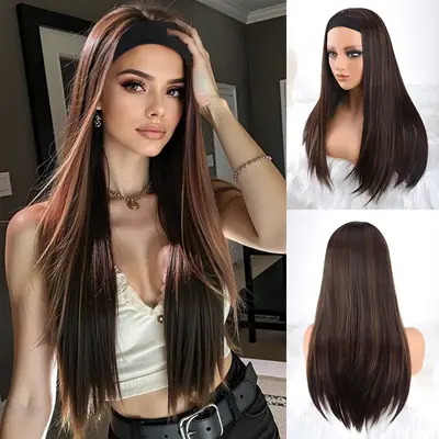 ZIHAN Natural straight hair headband wig - heat-resistant synthetic fiber 4/30 brown dyed deep root, 150% density closed mesh...