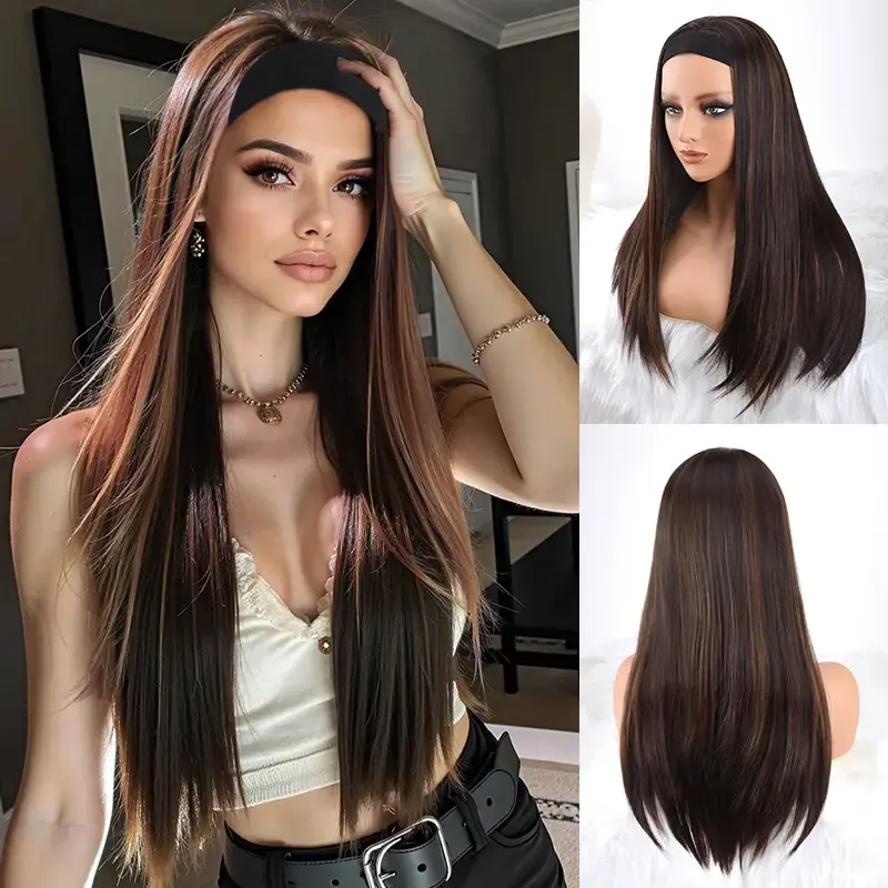 ZIHAN Natural straight hair headband wig - heat-resistant synthetic fiber 4/30 brown dyed deep root, 150% density closed mesh...