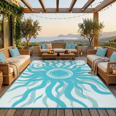 Garvee Outdoor Rug 9x12 Waterproof Patio Rug with Boho Sun Pattern, Reversible, Plastic Straw, UV-Resistant, Lightweight, Por...