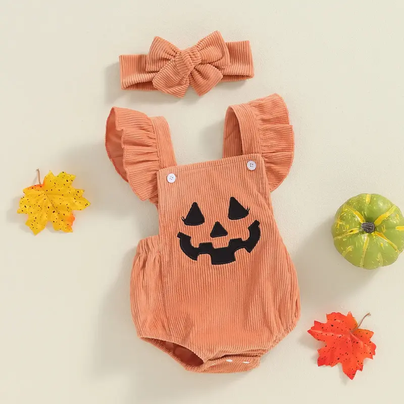 Newborn Baby Girl Halloween Clothes Sleeveless Corduroy Romper Infant Jumpsuit Cute Headband Outfit 0-18 Months