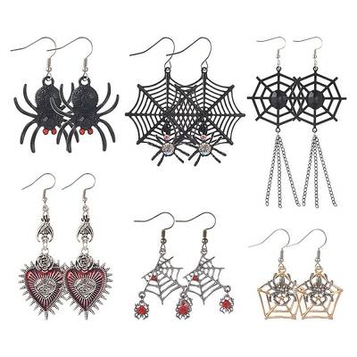 6 Pairs 6 Styles Halloween Spider Web & Heart with Evil Eye Alloy Enamel Dangle Earrings for Women