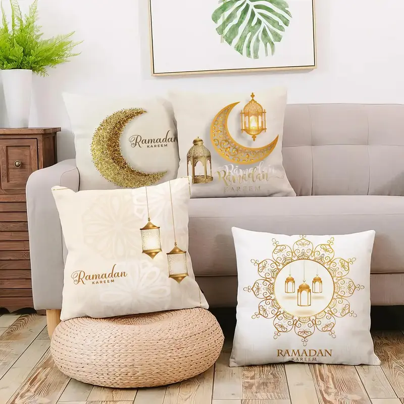 Ramadan Decorations, 4 Counts/set Ramadan Themed Cushion Cover without Filler, Square Pillow Cover for Home Sofa Bed Living R...