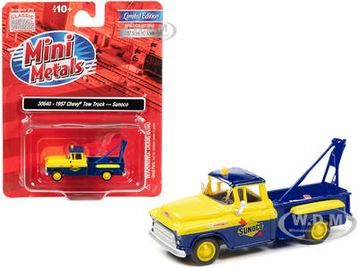 1957 Chevrolet Stepside Tow Truck Sunoco Blue and Yellow 1/87 (HO) Scale Model Car by Classic Metal Works