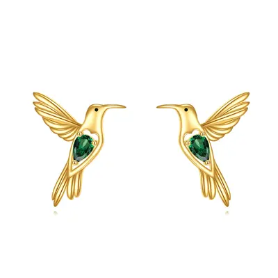 14K Gold Cubic Zirconia Hummingbird Stud Earrings