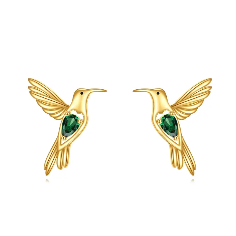 14K Gold Cubic Zirconia Hummingbird Stud Earrings