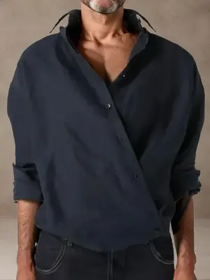 Unique Slant Button Placket Tops, Navy Blue / L