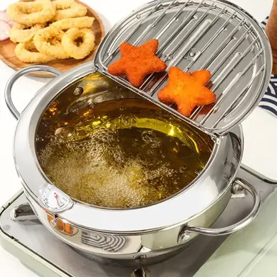 Deep Fryer Pot, 1 Count Japanese Style Tempura Frying Pot with Lid, 304 Stainless Steel with Oil Drip Drainer Rack for Kitche...