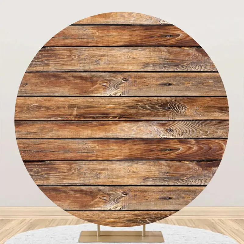Natural Brown Wooden Plank Round Birthday Backdrop - Aperturee