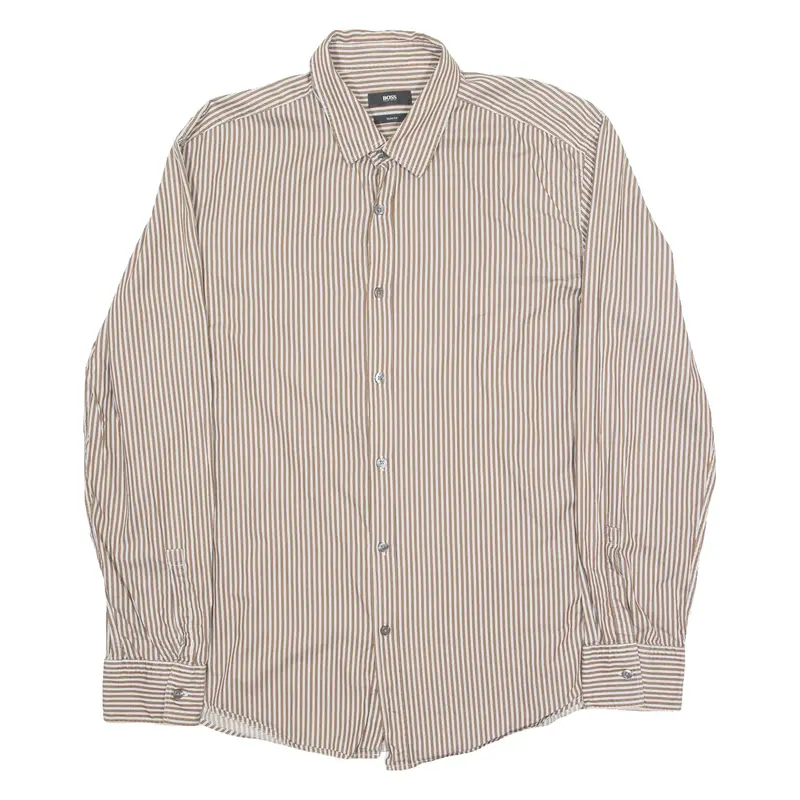 HUGO BOSS Mens Shirt Brown Striped Long Sleeve XL