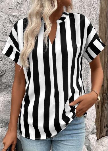 Modlily Black Patchwork Striped Short Sleeve Split Neck Blouse - S