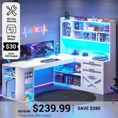 SEDETA 61 Inch Farmhouse Gaming Desk L Shaped Office Computer Desk with Display Cabinet Drawers Storage Shelves LED Light Pow...