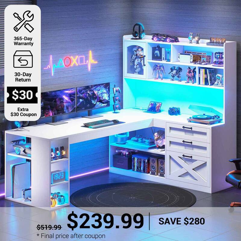 SEDETA 61 Inch Farmhouse Gaming Desk L Shaped Office Computer Desk with Display Cabinet Drawers Storage Shelves LED Light Pow...