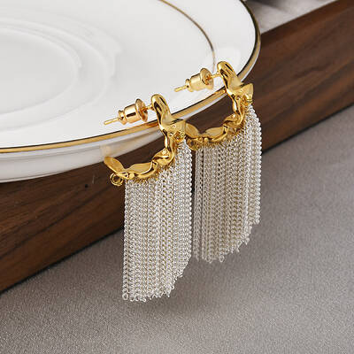 C-Shaped Brass Chain Tassel Stud Earrings
