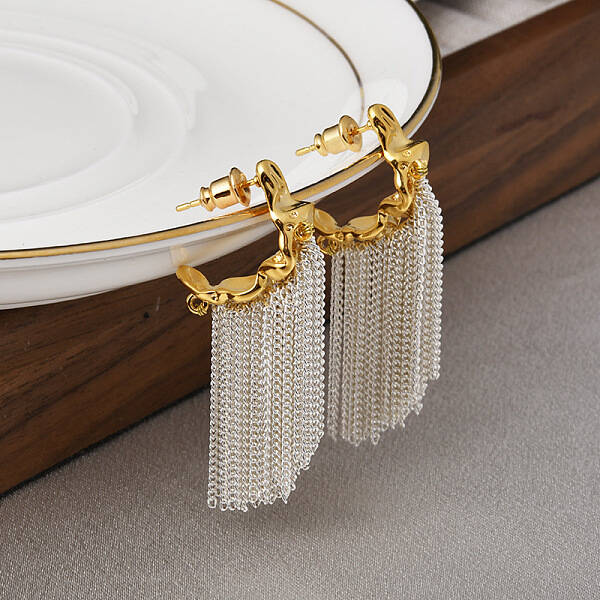 C-Shaped Brass Chain Tassel Stud Earrings