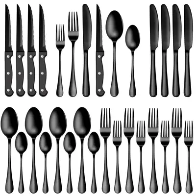 24 Pcs Black Silverware Set with Steak Knives Service for 4,Stainless Steel Flatware Set,Mirror Polished Cutlery Utensil Set,...