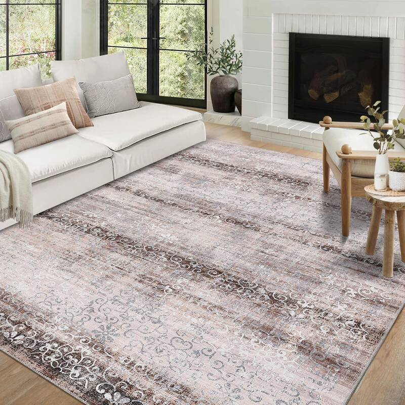 Garvee Washable Area Rug 8 x 10 Rug for Living Room Non Slip Large Area Rug for Bedroom Vintage Floral Rug Distressed Blue Ru...