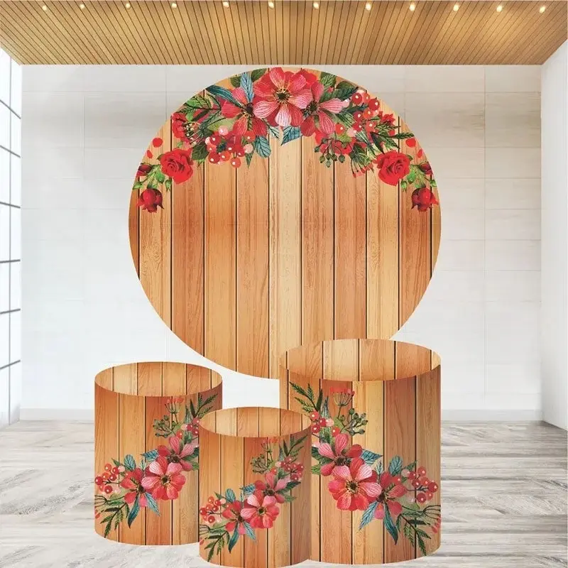 Aperturee Red Floral And Brown Wood Round Birthday Backdrop Kit | Circular Birthday Backdrop Cover | Round Backdrop Cover Diy...