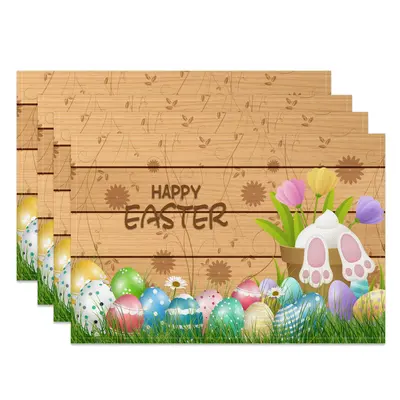 Aperturee Wooden Stripe Lawn Eggs Easter Set Of 4 Placemats, 14x12 Inch, 15.8 USD, NYJY00432-S, placemats